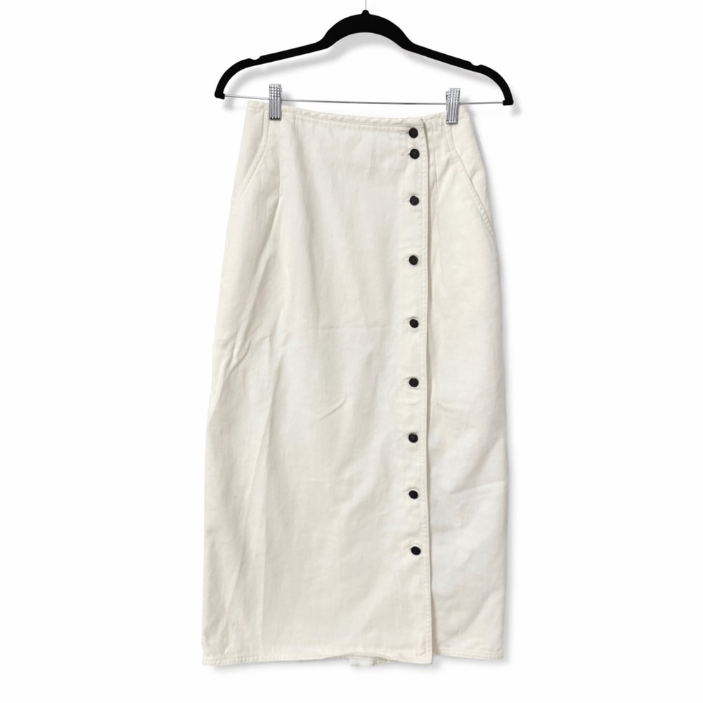 Vintage Liz Wear White Denim Midi Skirt 24 Waist High Waisted Button Front